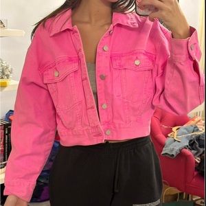 Neon pink blank NYC cropped denim jacket